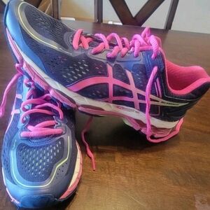 Asics Women's Gel Kayano 22 Running Shoes Blue Pink Green T597N Size 8 Guc